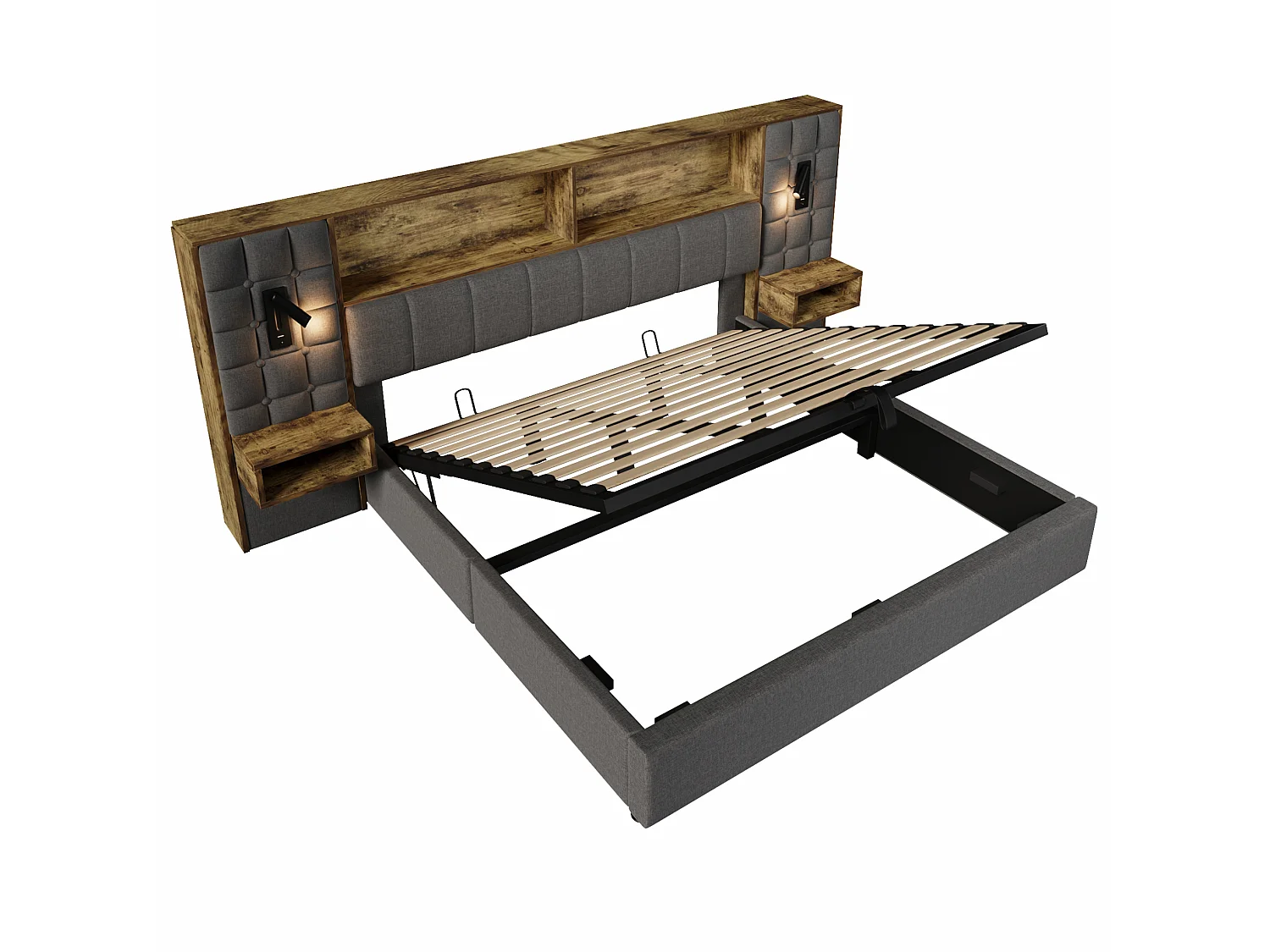 Letto contenitore 180x200 con 2 luci da lettura, 2 comodini e porta di ricarica USB-C – Letto matrimoniale in lino grigio