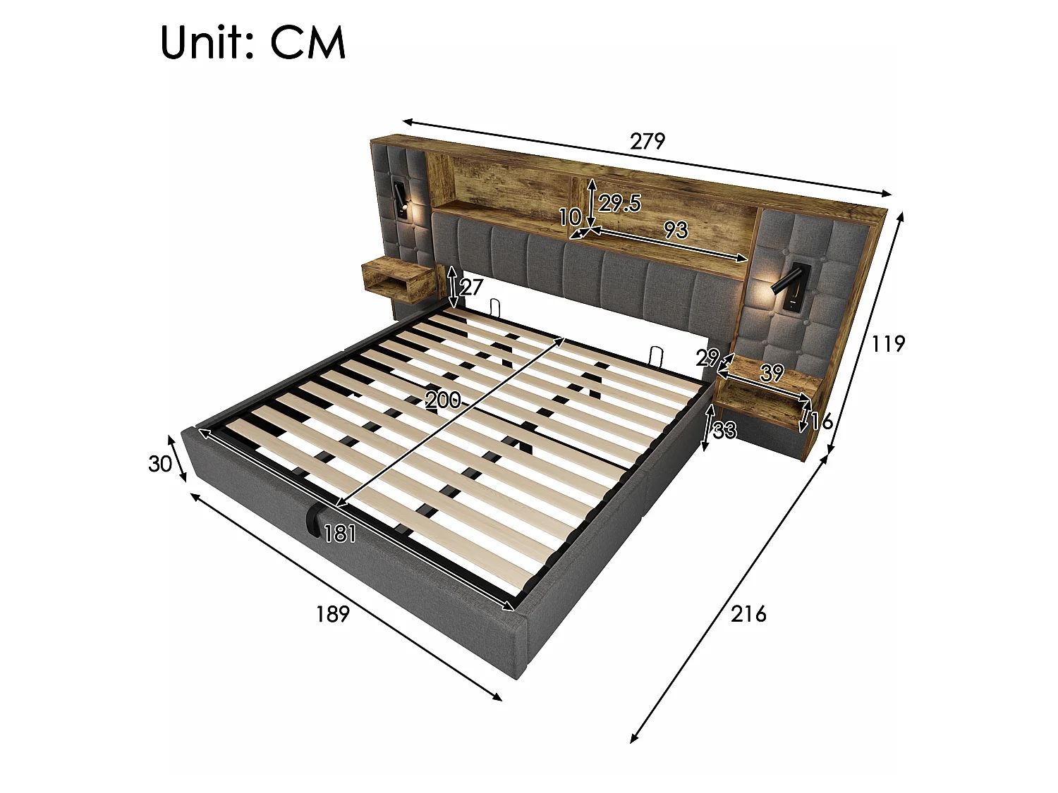 Letto contenitore 180x200 con 2 luci da lettura, 2 comodini e porta di ricarica USB-C – Letto matrimoniale in lino grigio