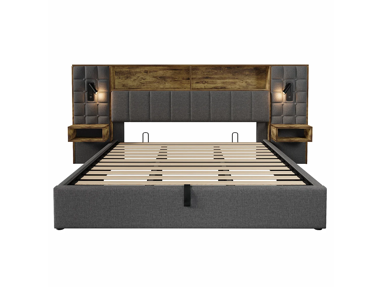 Letto contenitore 180x200 con 2 luci da lettura, 2 comodini e porta di ricarica USB-C – Letto matrimoniale in lino grigio