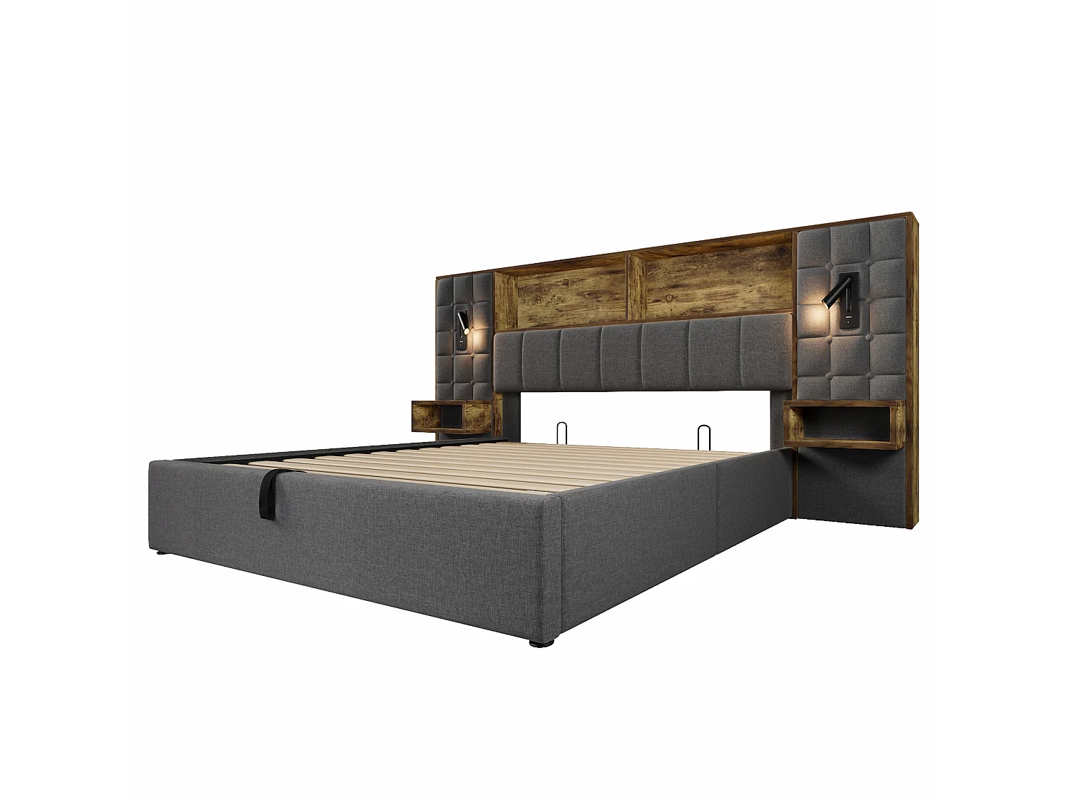 Letto contenitore 180x200 con 2 luci da lettura, 2 comodini e porta di ricarica USB-C – Letto matrimoniale in lino grigio