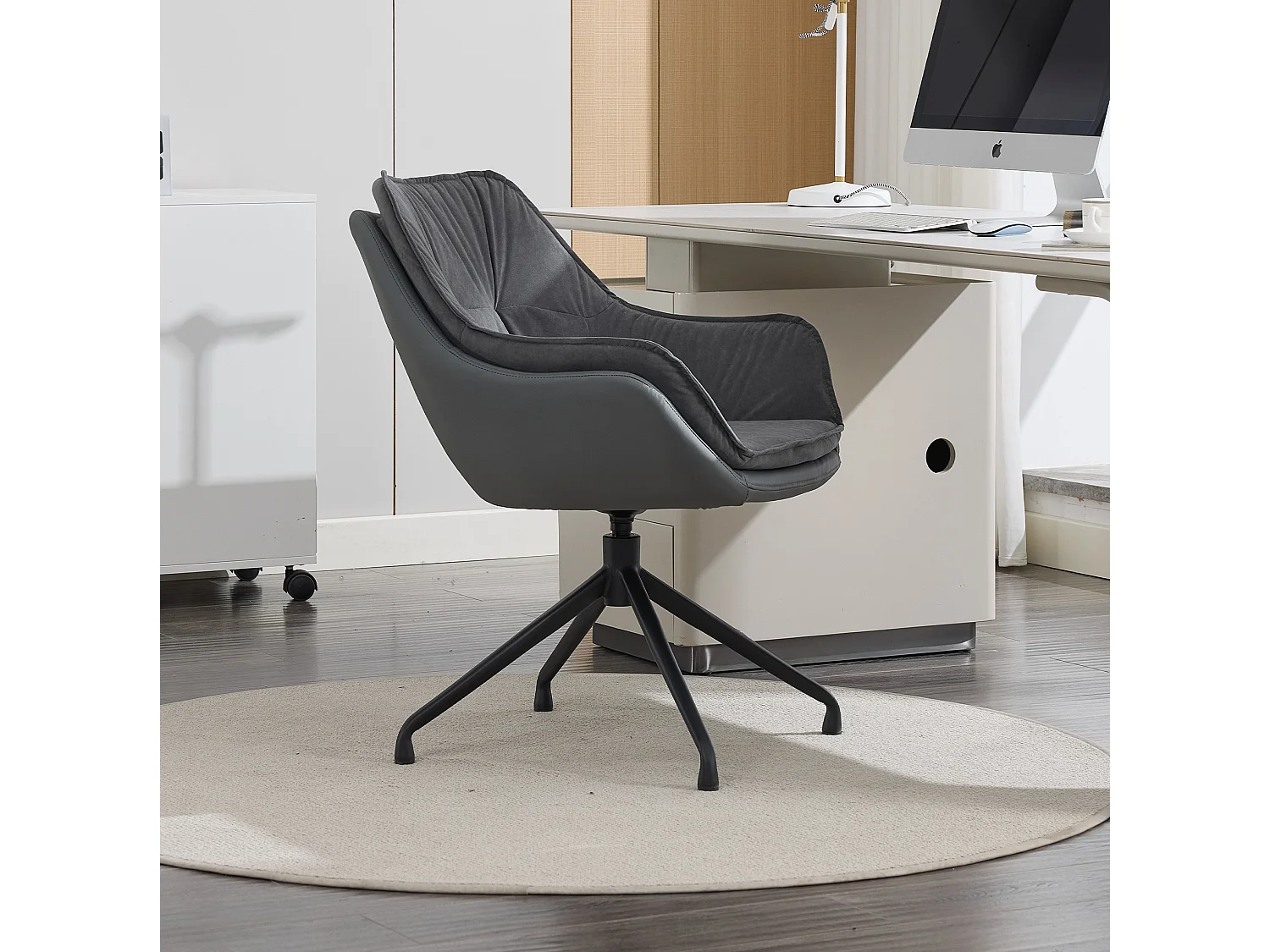 Chaise de bureau pivotant avec accoudoirs - Simili cuir et tissu - Gris