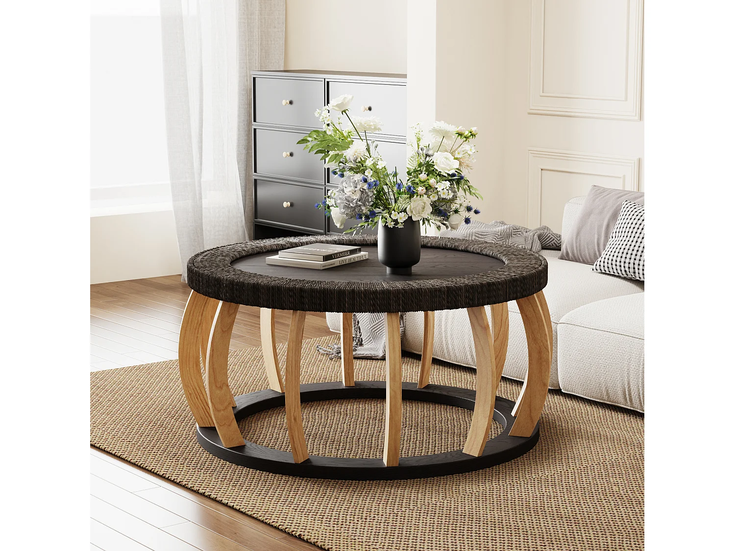 Table basse ronde 90x90x43 cm effet rotin - Pieds incurvés - Brun foncé