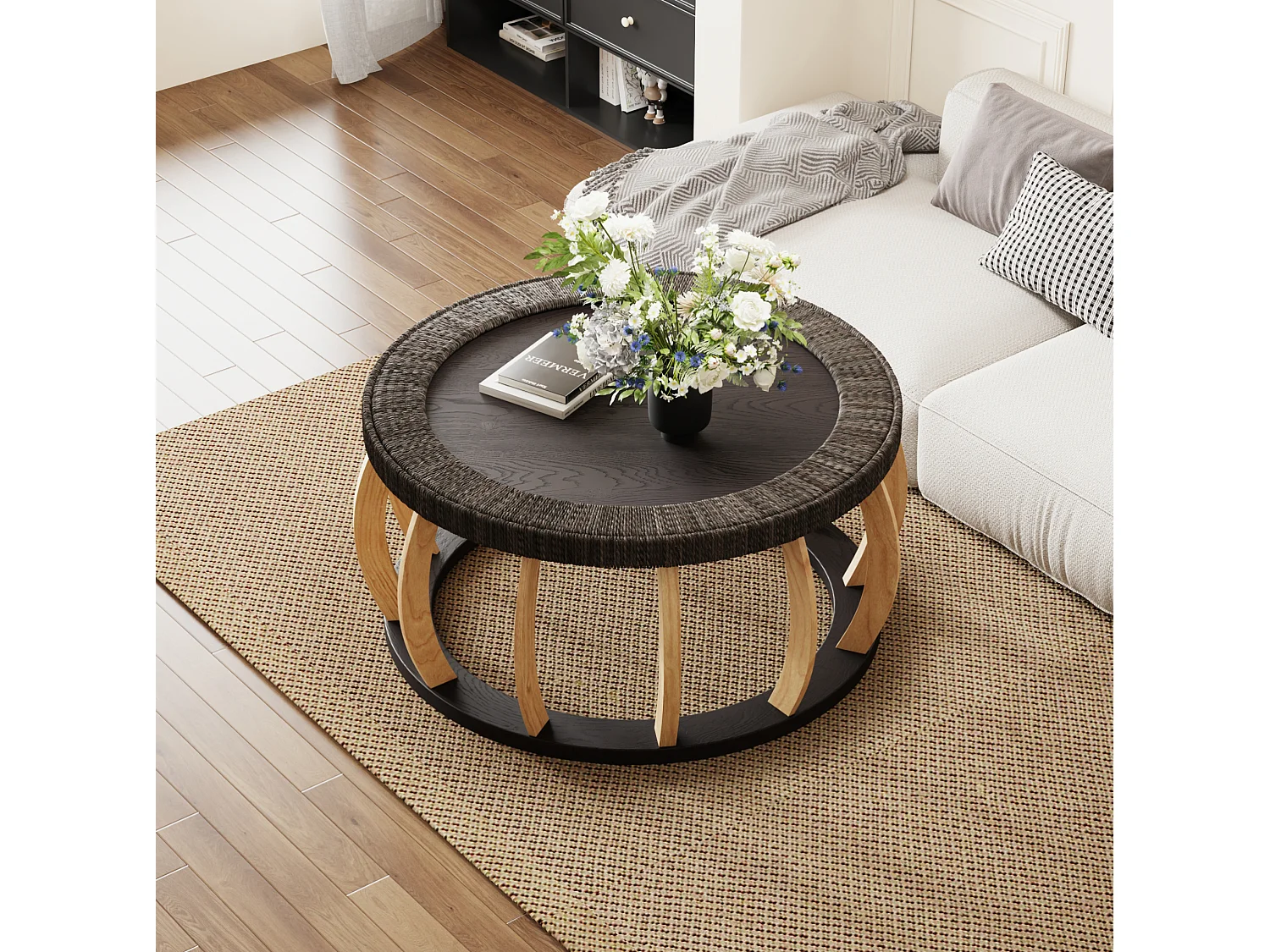 Table basse ronde 90x90x43 cm effet rotin - Pieds incurvés - Brun foncé