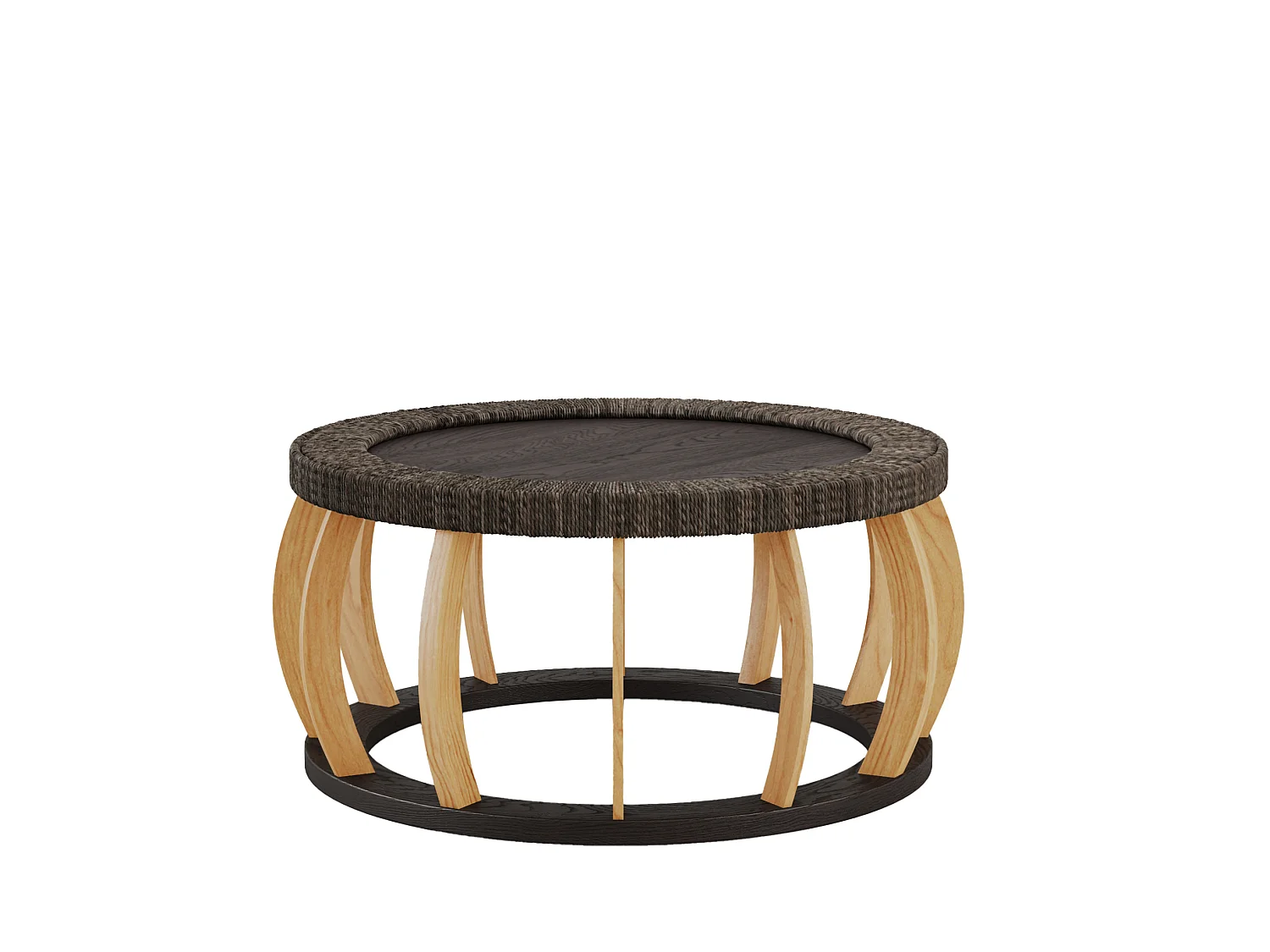 Table basse ronde 90x90x43 cm effet rotin - Pieds incurvés - Brun foncé