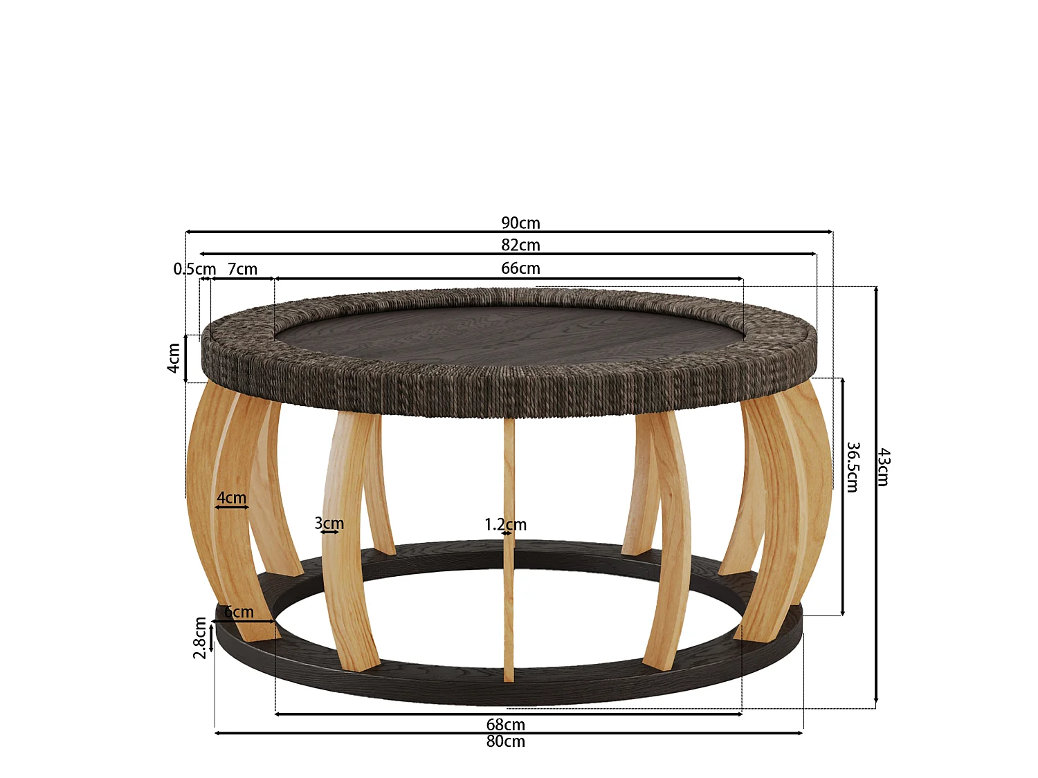 Table basse ronde 90x90x43 cm effet rotin - Pieds incurvés - Brun foncé