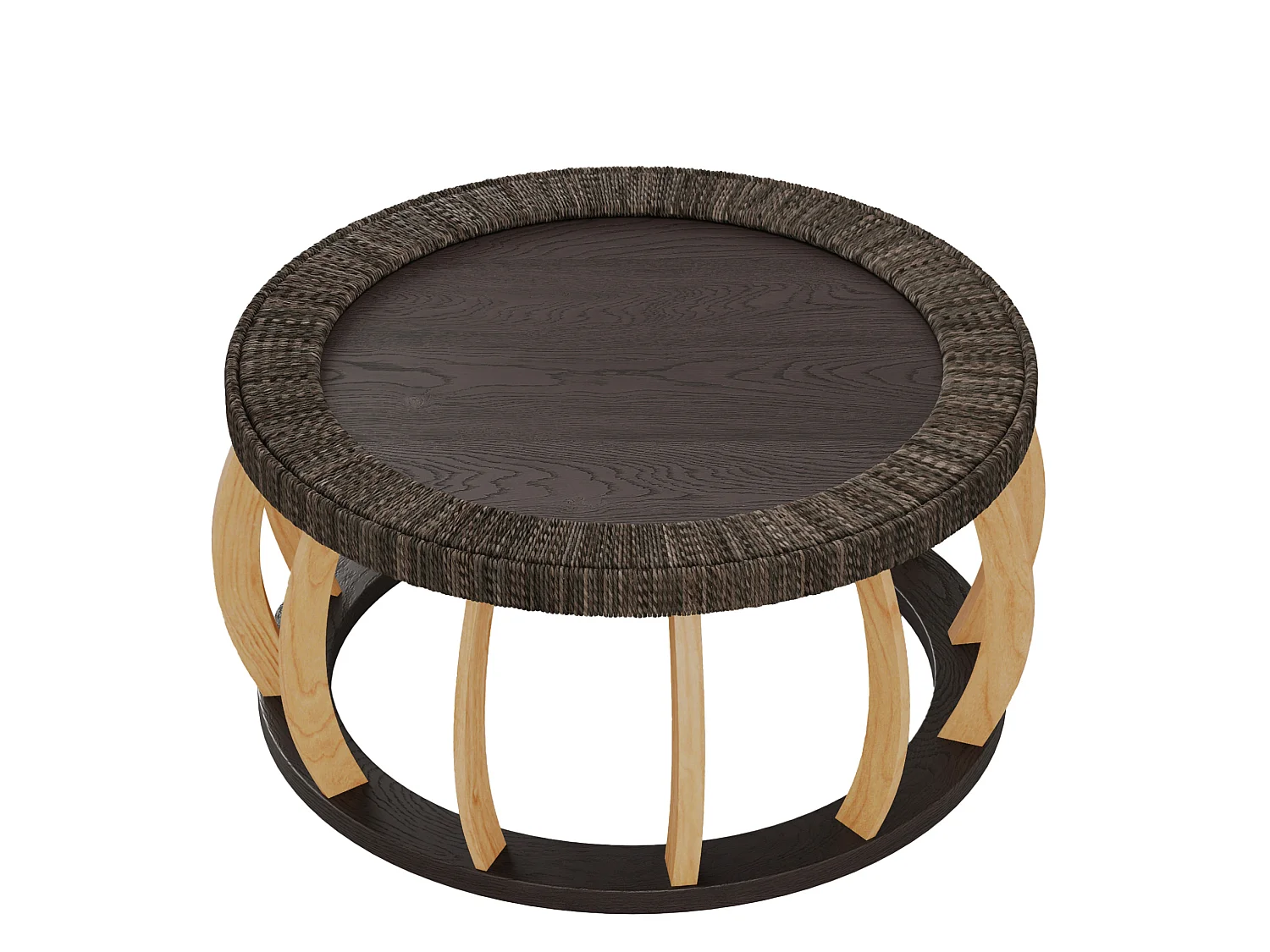 Table basse ronde 90x90x43 cm effet rotin - Pieds incurvés - Brun foncé