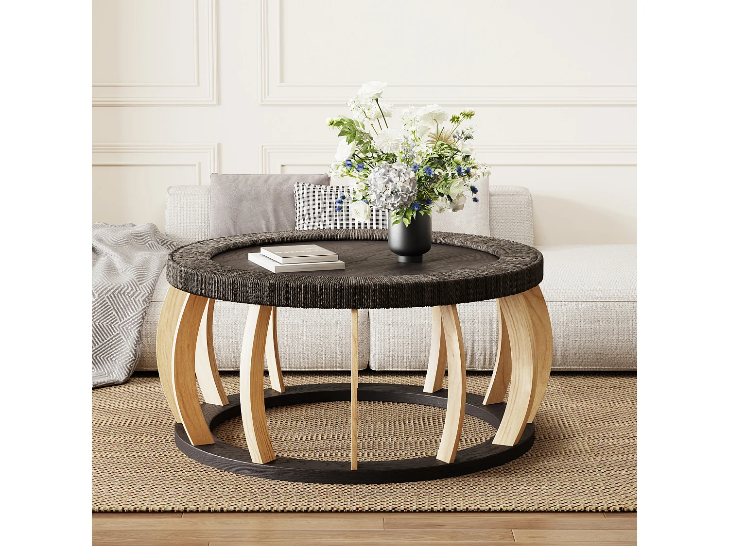 Table basse ronde 90x90x43 cm effet rotin - Pieds incurvés - Brun foncé