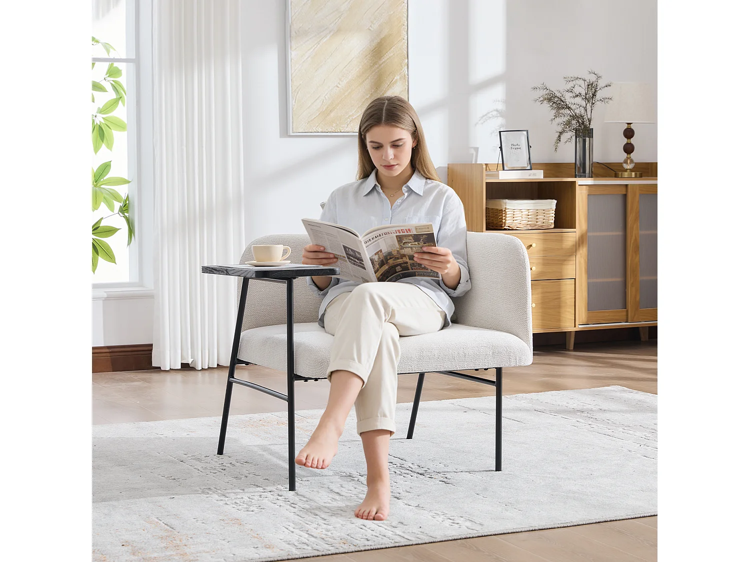 Fauteuil en chenille avec table d'appoint et 2 poches de rangement - Beige
