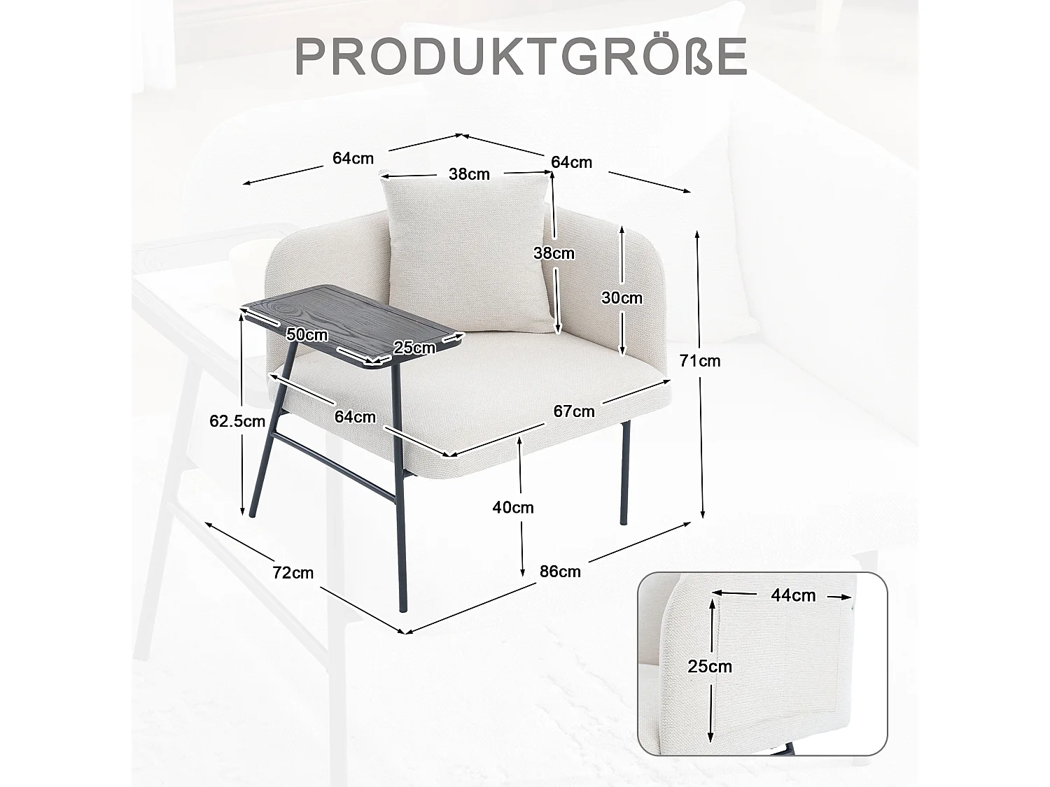 Fauteuil en chenille avec table d'appoint et 2 poches de rangement - Beige