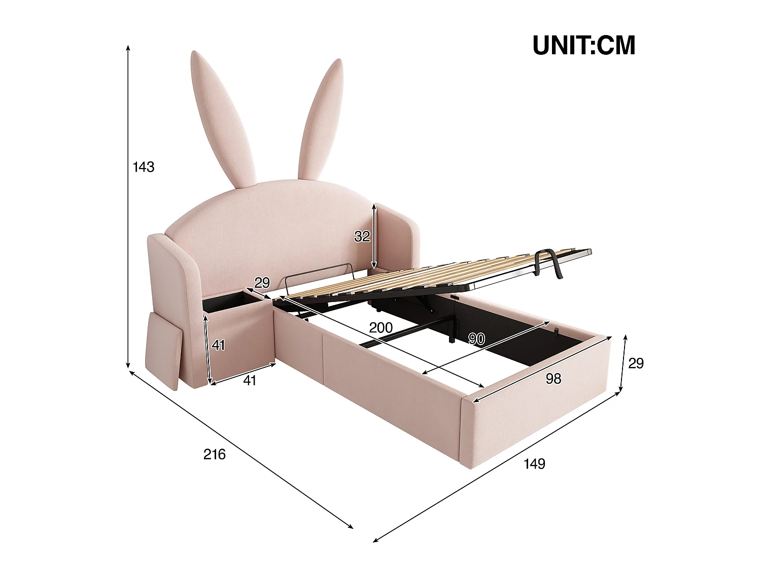 Lit coffre enfant 90x200 cm avec table de chevet et motif oreilles de lapin - Velours rose