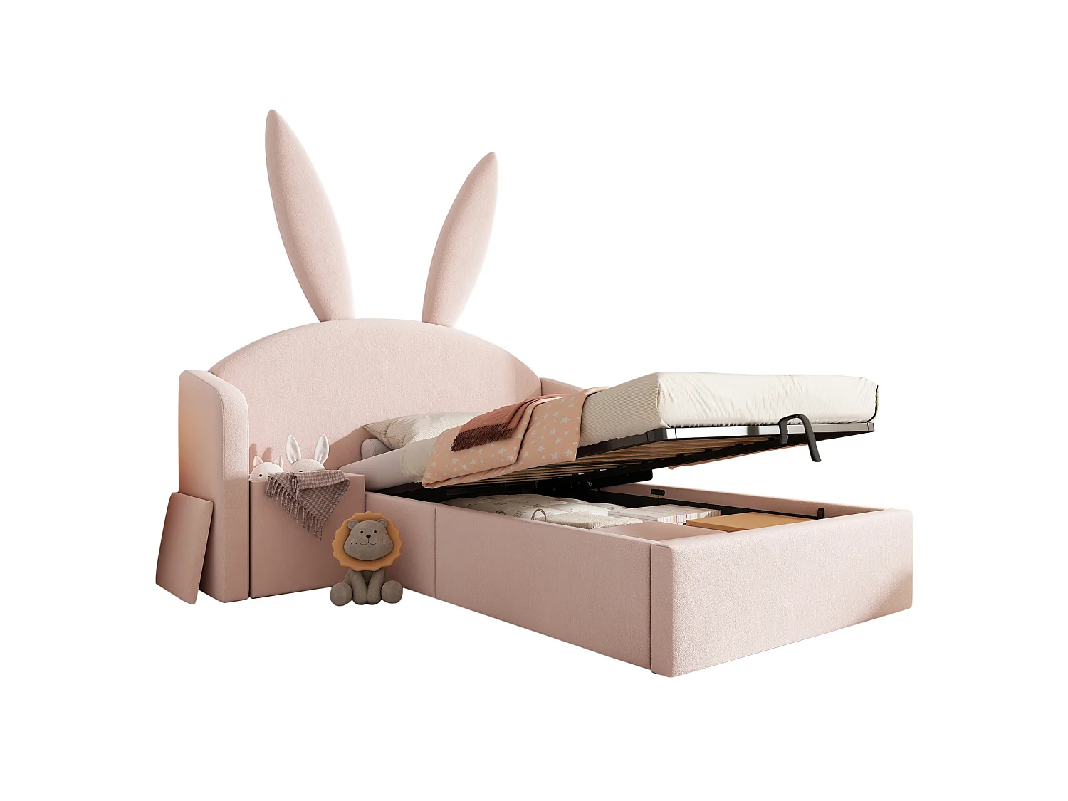 Lit coffre enfant 90x200 cm avec table de chevet et motif oreilles de lapin - Velours rose