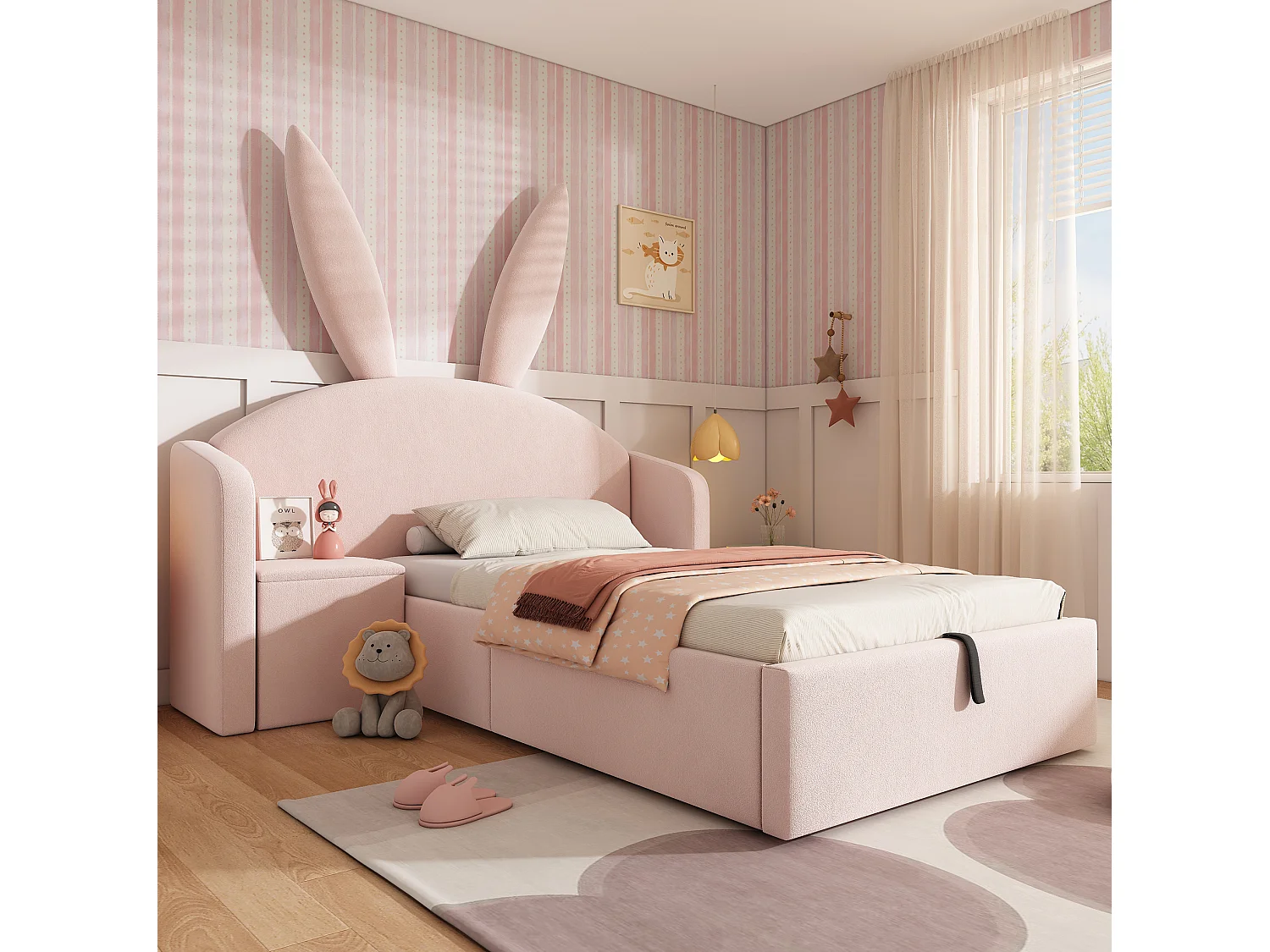 Lit coffre enfant 90x200 cm avec table de chevet et motif oreilles de lapin - Velours rose