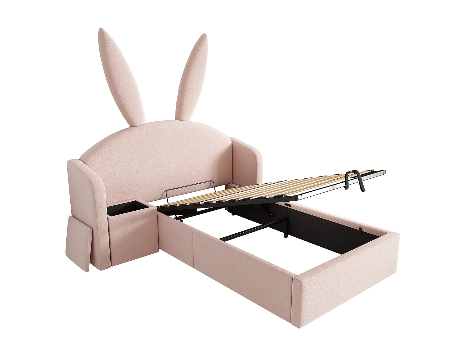 Lit coffre enfant 90x200 cm avec table de chevet et motif oreilles de lapin - Velours rose