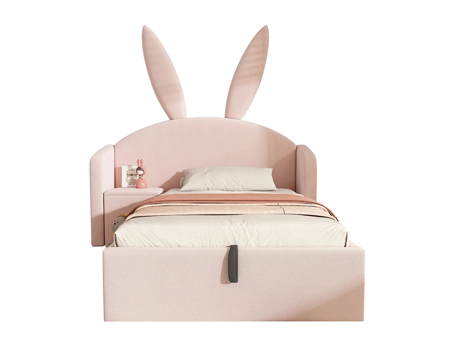 Lit coffre enfant 90x200 cm avec table de chevet et motif oreilles de lapin - Velours rose