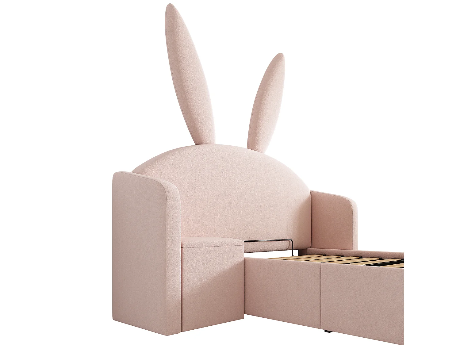 Lit coffre enfant 90x200 cm avec table de chevet et motif oreilles de lapin - Velours rose