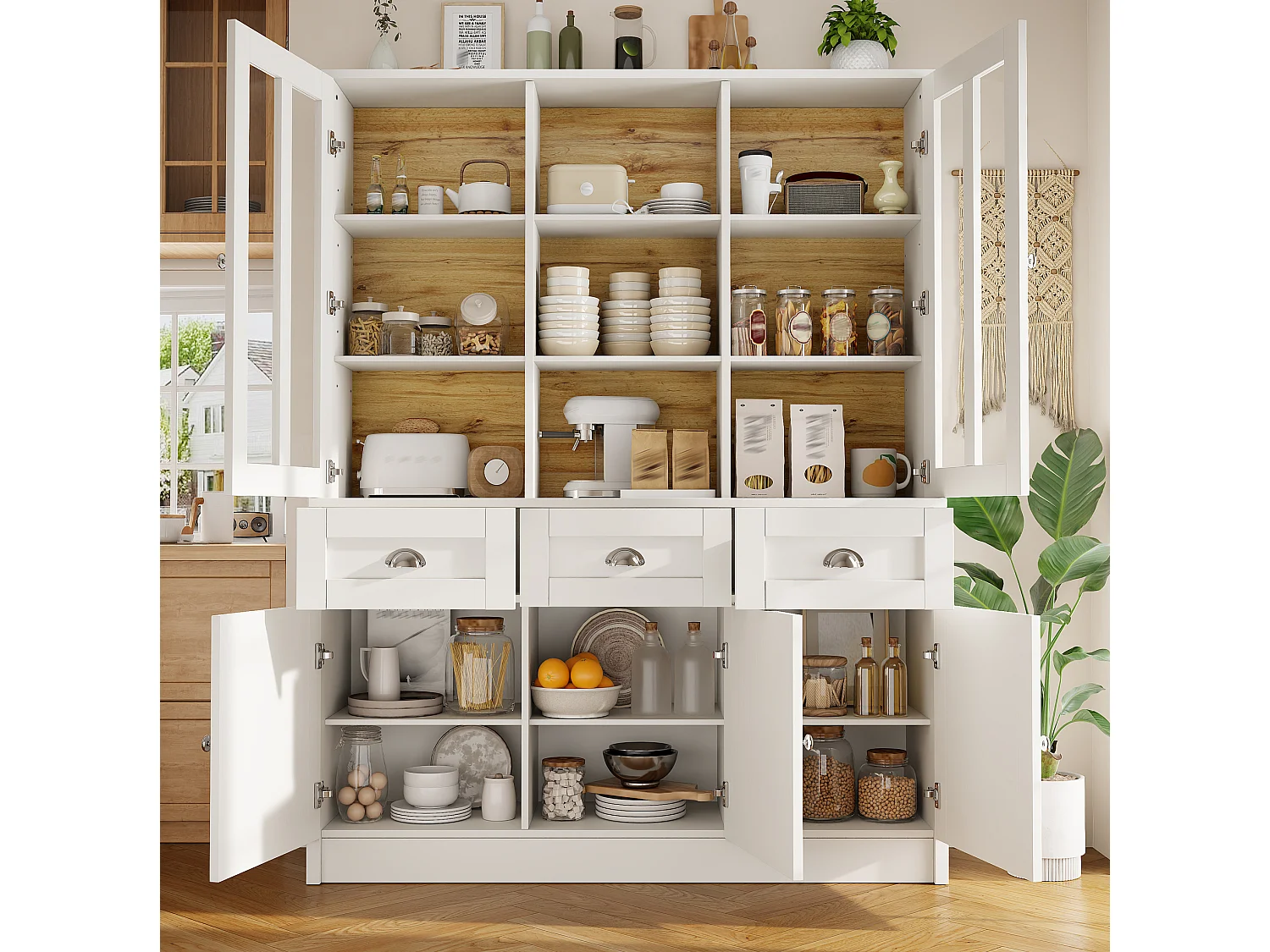 Buffet de cuisine 140 x 40 x 175 cm blanc avec 3 tiroirs et 5 portes - MDF et acrylique