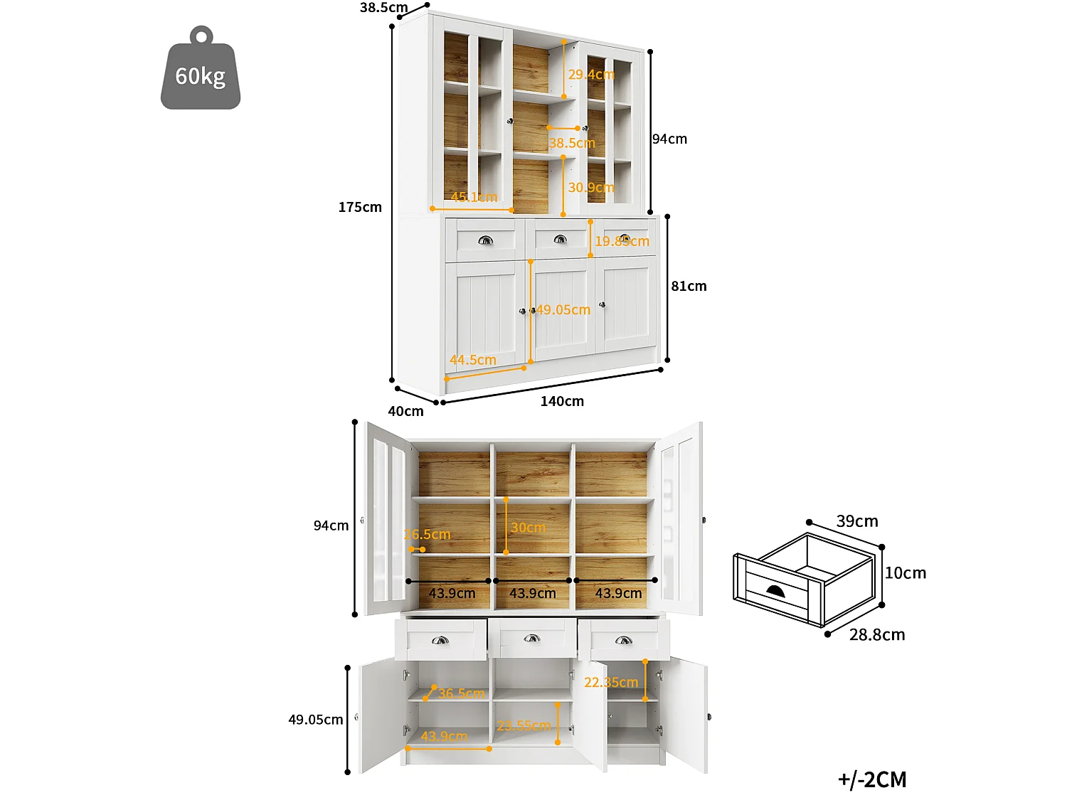 Buffet de cuisine 140 x 40 x 175 cm blanc avec 3 tiroirs et 5 portes - MDF et acrylique
