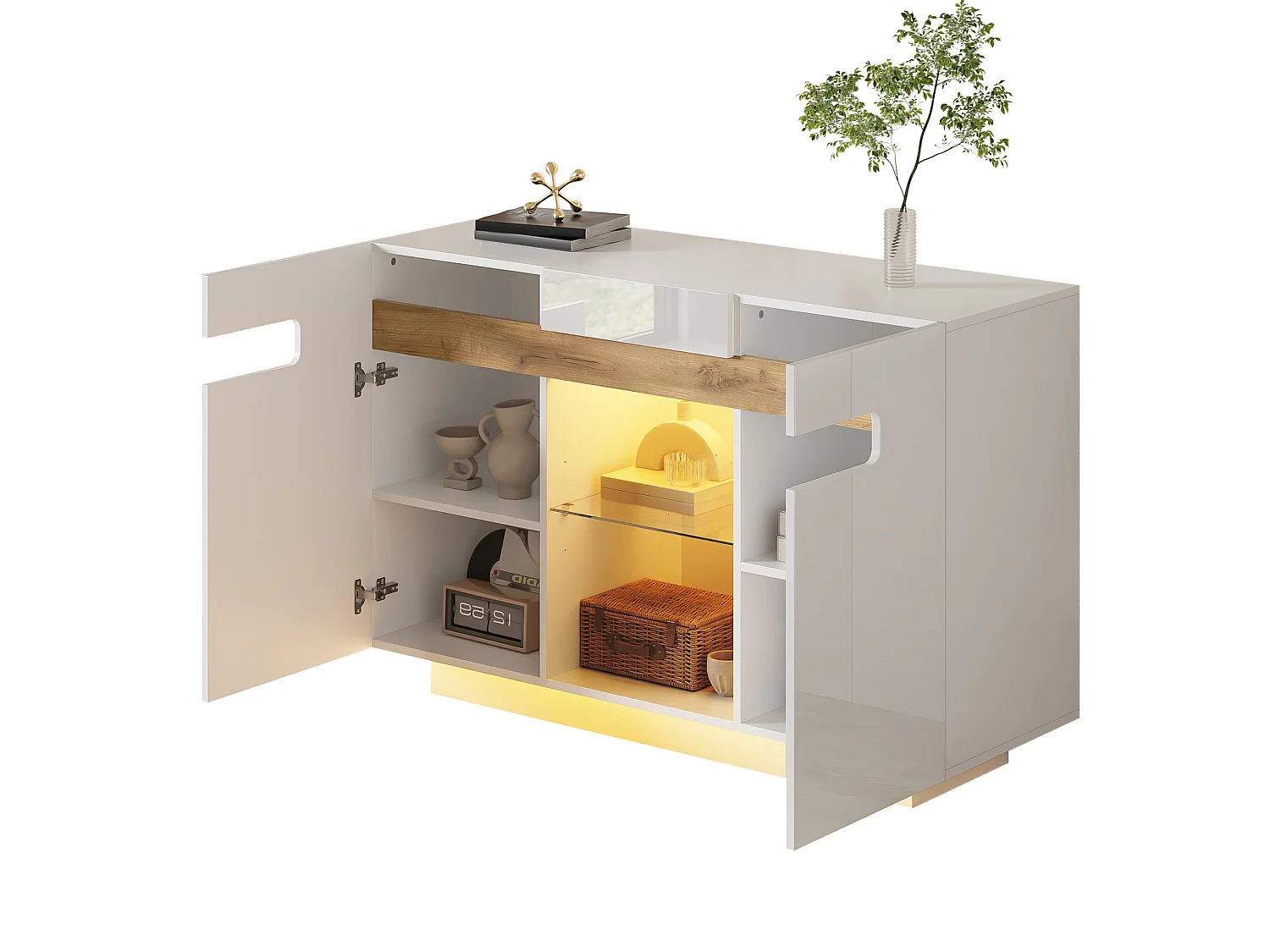 Buffet LED avec 4 étagères - Façades laquées - bois naturel et blanc