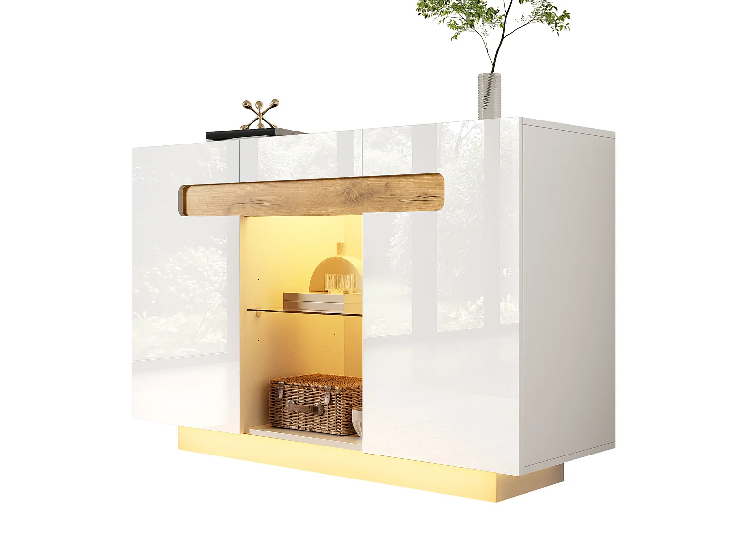 Buffet LED avec 4 étagères - Façades laquées - bois naturel et blanc