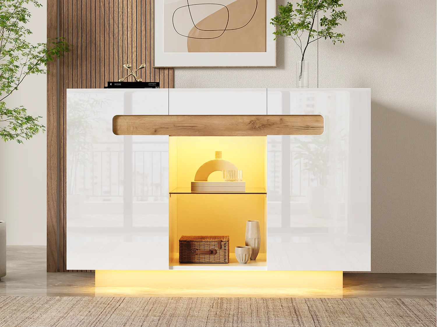 Buffet LED avec 4 étagères - Façades laquées - bois naturel et blanc