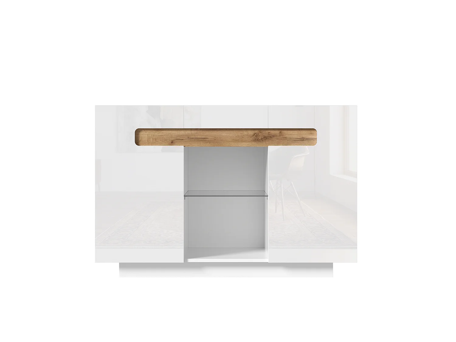 Buffet LED avec 4 étagères - Façades laquées - bois naturel et blanc