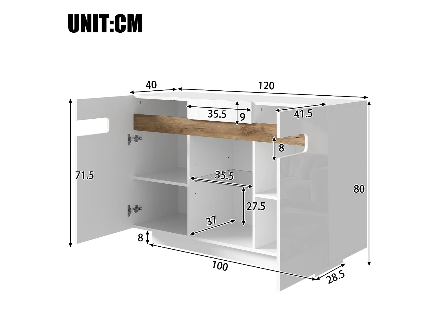 Buffet LED avec 4 étagères - Façades laquées - bois naturel et blanc