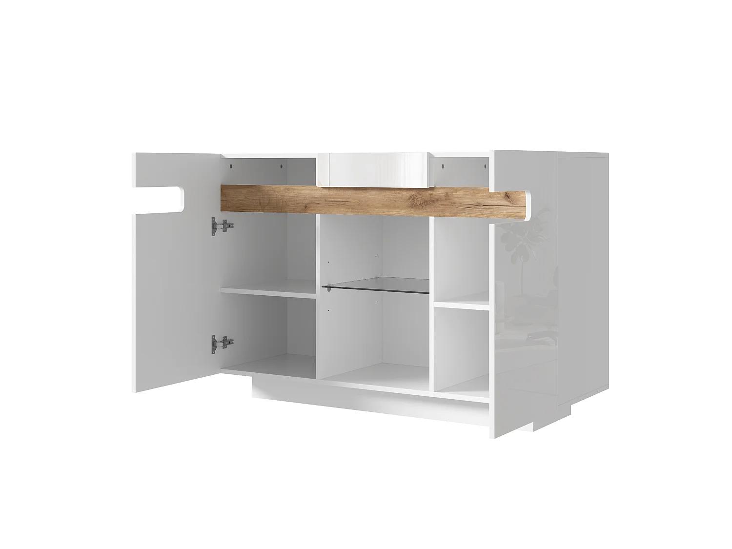 Buffet LED avec 4 étagères - Façades laquées - bois naturel et blanc