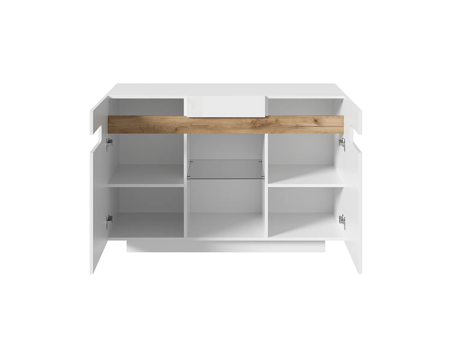 Buffet LED avec 4 étagères - Façades laquées - bois naturel et blanc