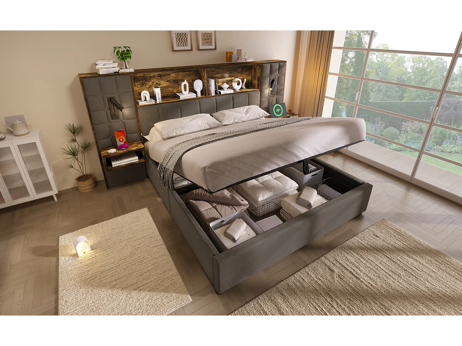 Letto contenitore 160x200 con 2 luci da lettura, 2 comodini e porta di ricarica USB-C – Lino grigio