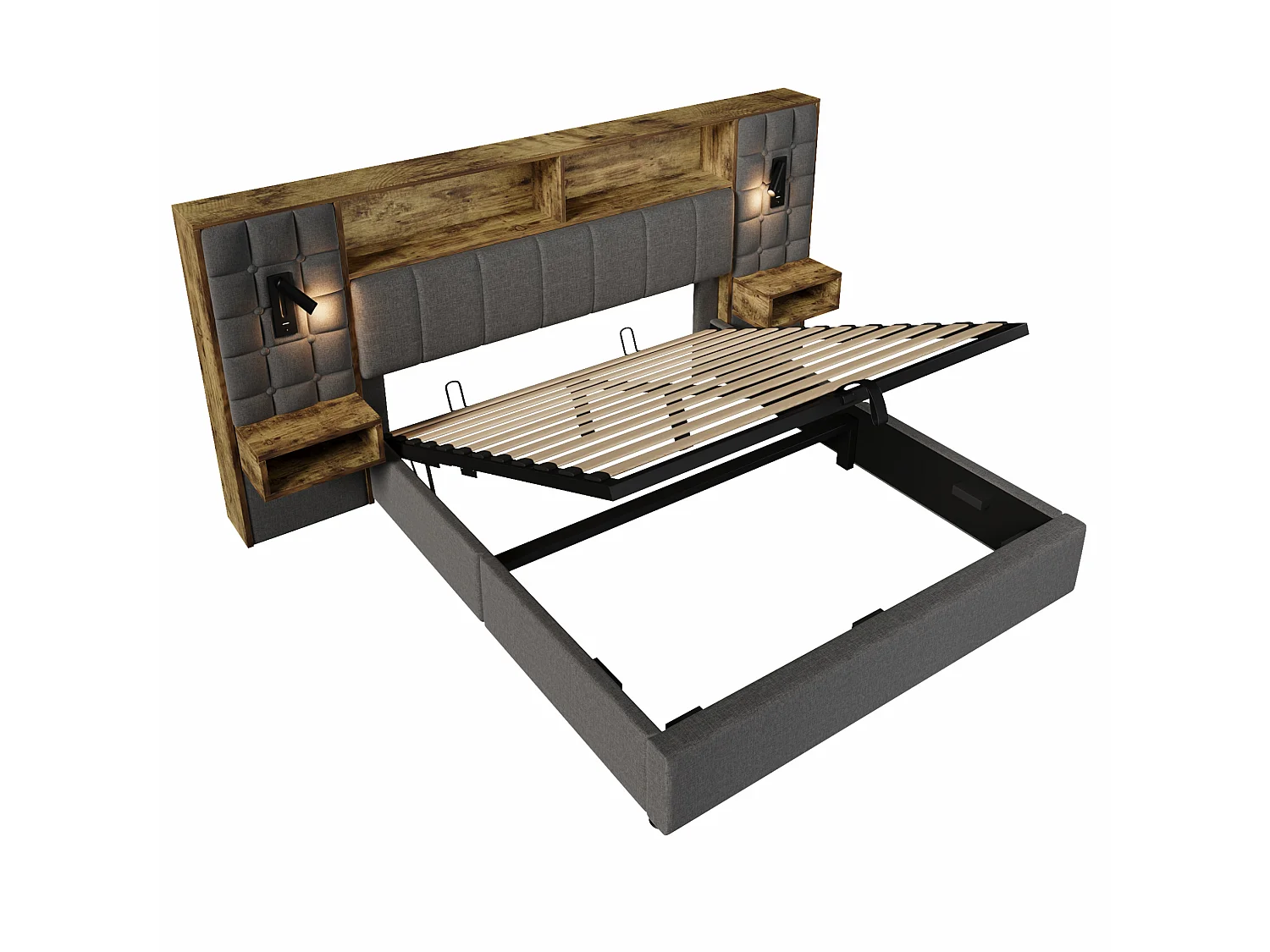 Letto contenitore 160x200 con 2 luci da lettura, 2 comodini e porta di ricarica USB-C – Lino grigio