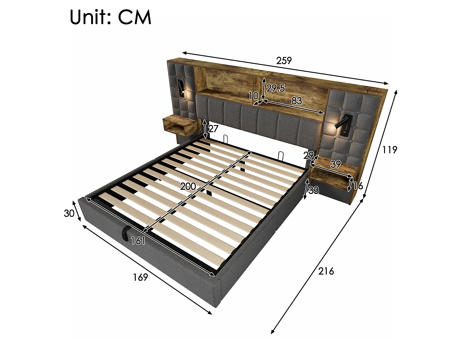 Letto contenitore 160x200 con 2 luci da lettura, 2 comodini e porta di ricarica USB-C – Lino grigio