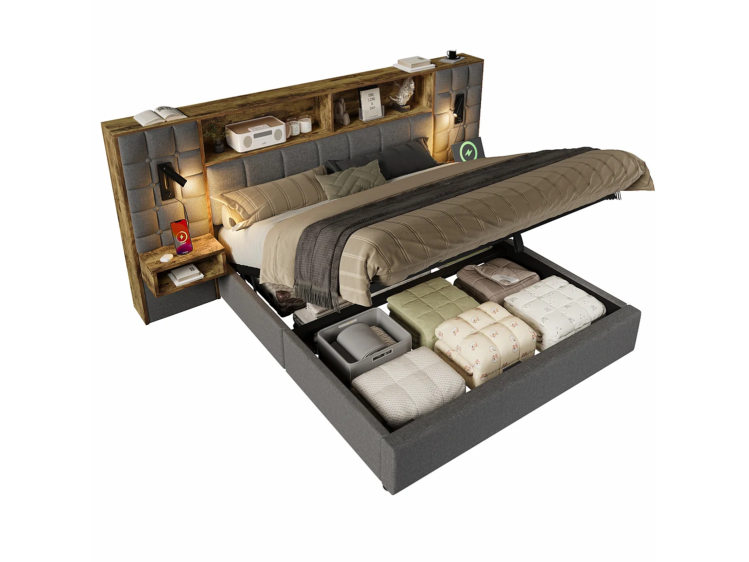 Letto contenitore 160x200 con 2 luci da lettura, 2 comodini e porta di ricarica USB-C – Lino grigio