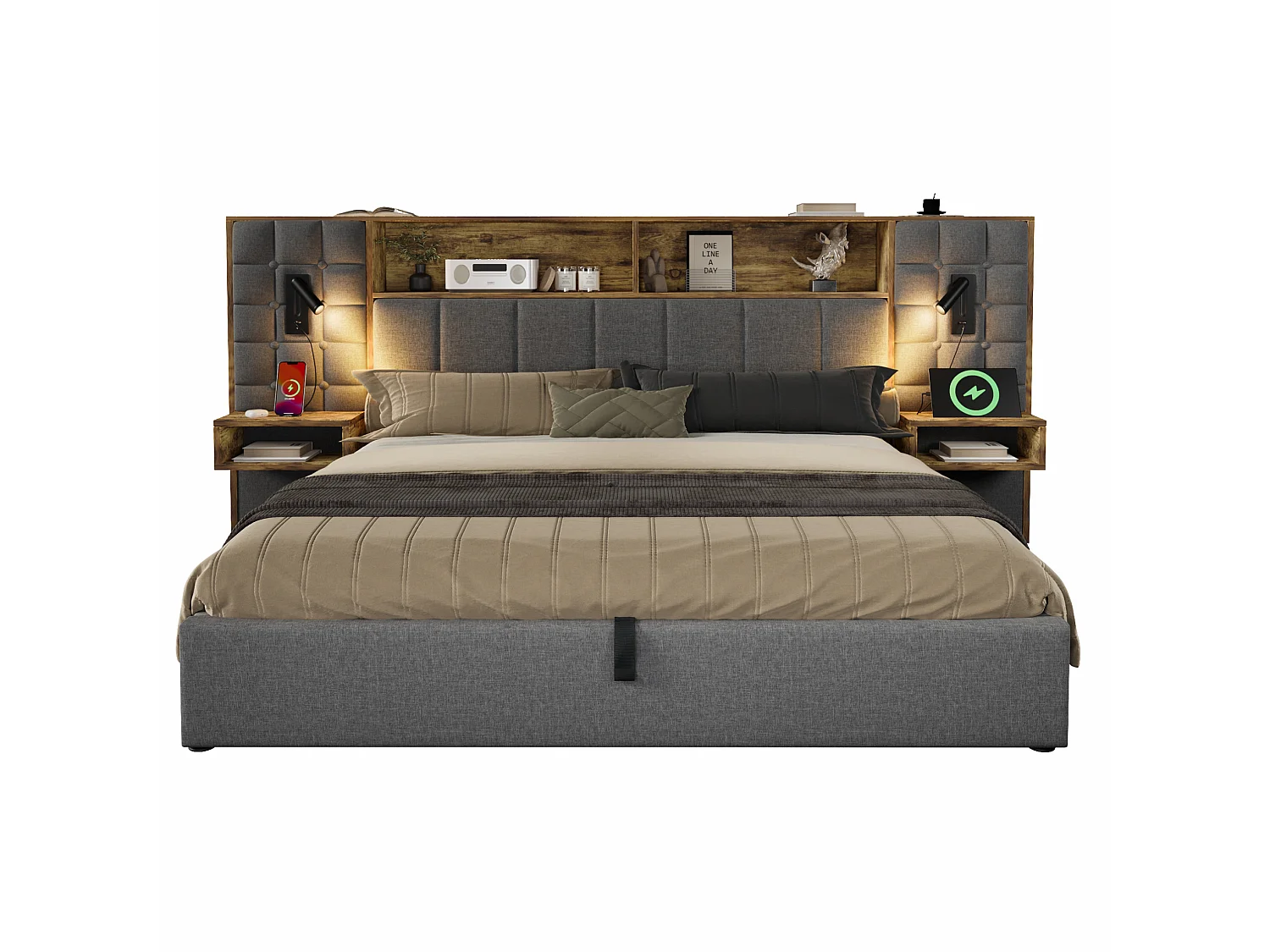 Letto contenitore 160x200 con 2 luci da lettura, 2 comodini e porta di ricarica USB-C – Lino grigio