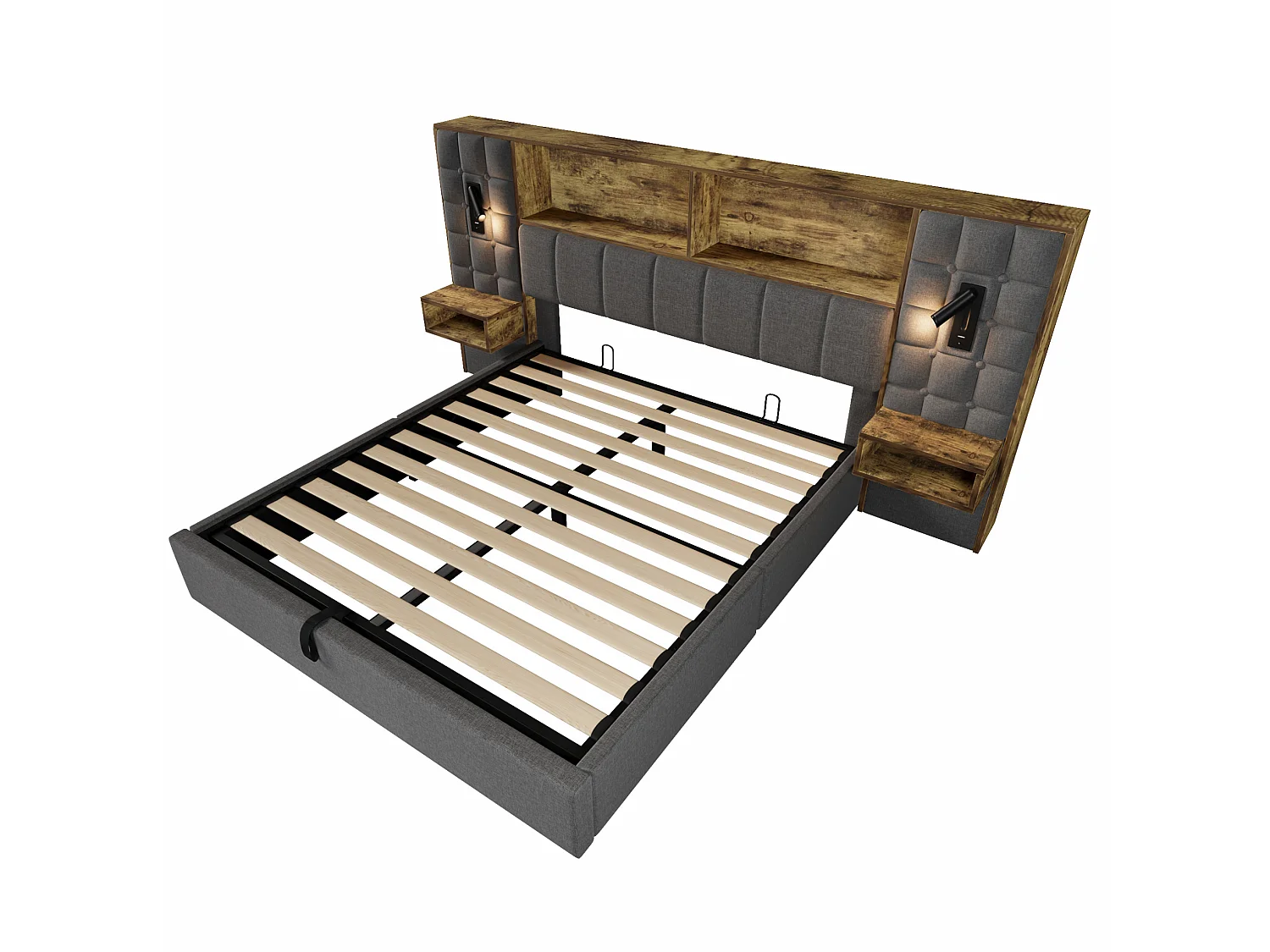Letto contenitore 160x200 con 2 luci da lettura, 2 comodini e porta di ricarica USB-C – Lino grigio