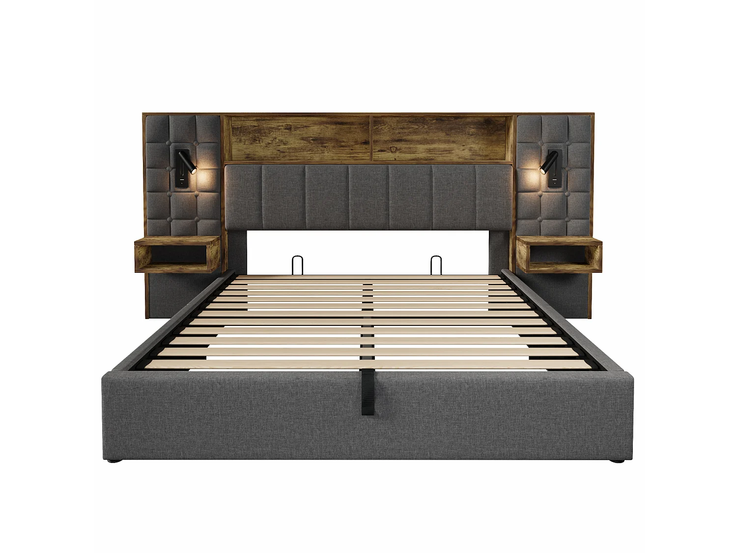 Letto contenitore 160x200 con 2 luci da lettura, 2 comodini e porta di ricarica USB-C – Lino grigio