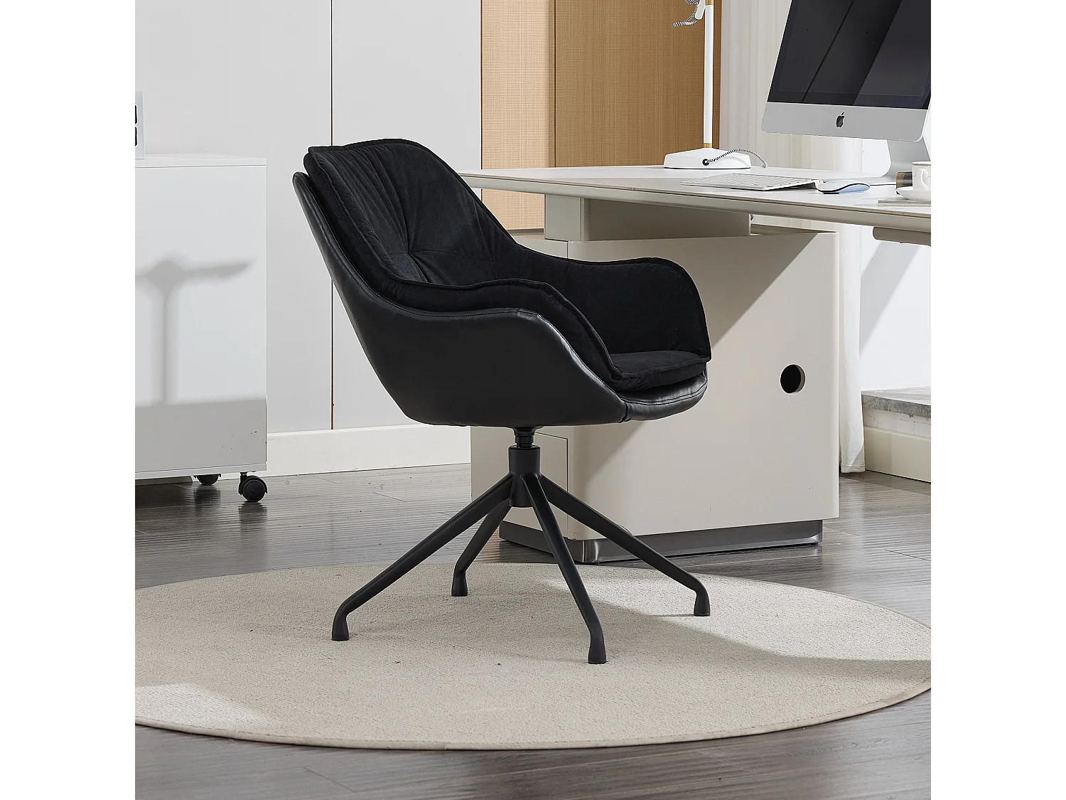 Chaise de bureau pivotant avec accoudoirs - Simili cuir et tissu - Noir