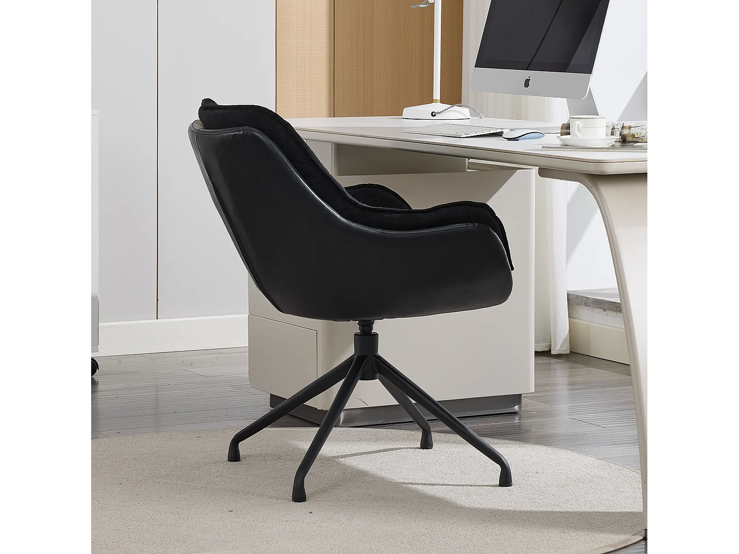 Chaise de bureau pivotant avec accoudoirs - Simili cuir et tissu - Noir