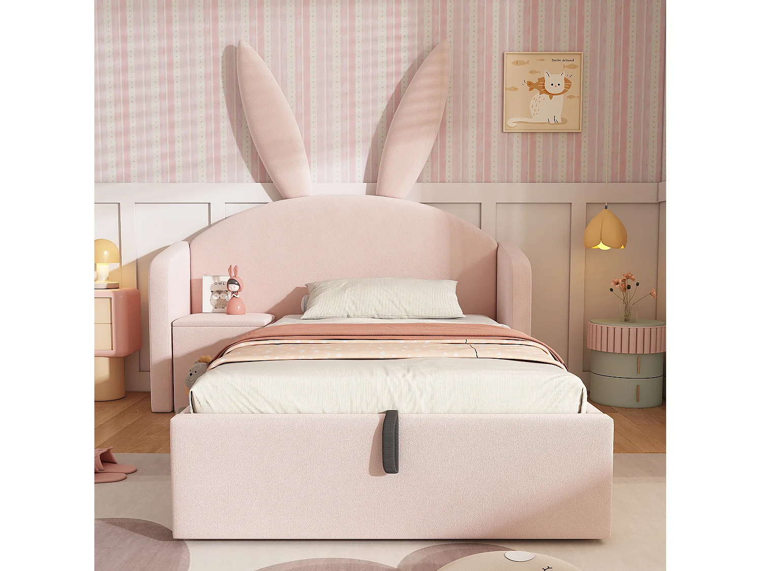 Lit coffre enfant 90x190 cm avec table de chevet - Tête de lit oreilles de lapin - Velours rose