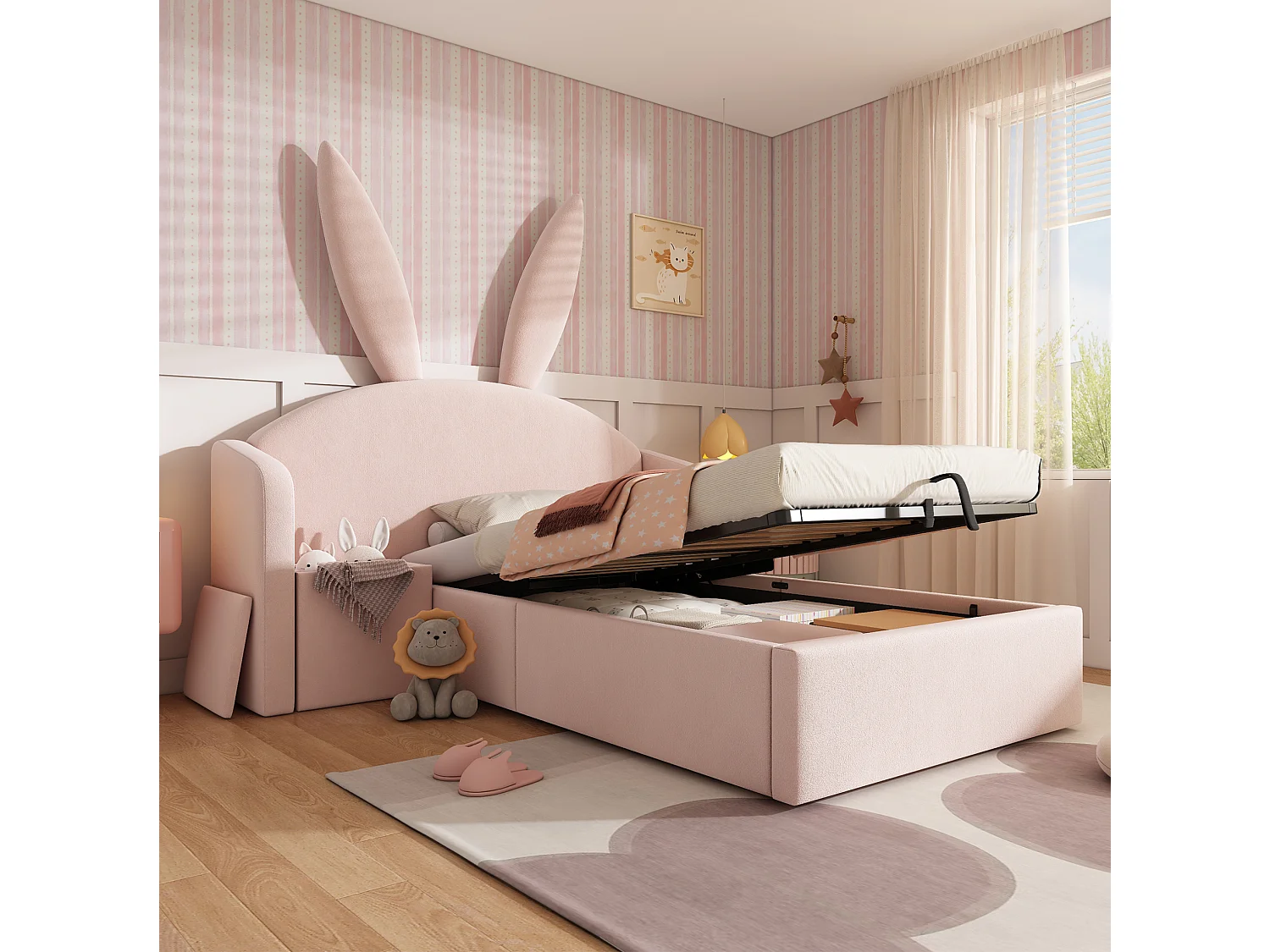 Lit coffre enfant 90x190 cm avec table de chevet - Tête de lit oreilles de lapin - Velours rose