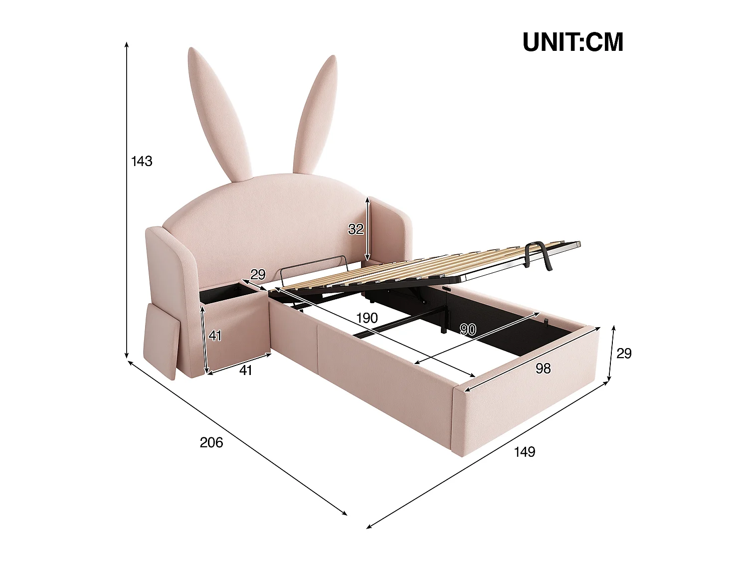 Lit coffre enfant 90x190 cm avec table de chevet - Tête de lit oreilles de lapin - Velours rose