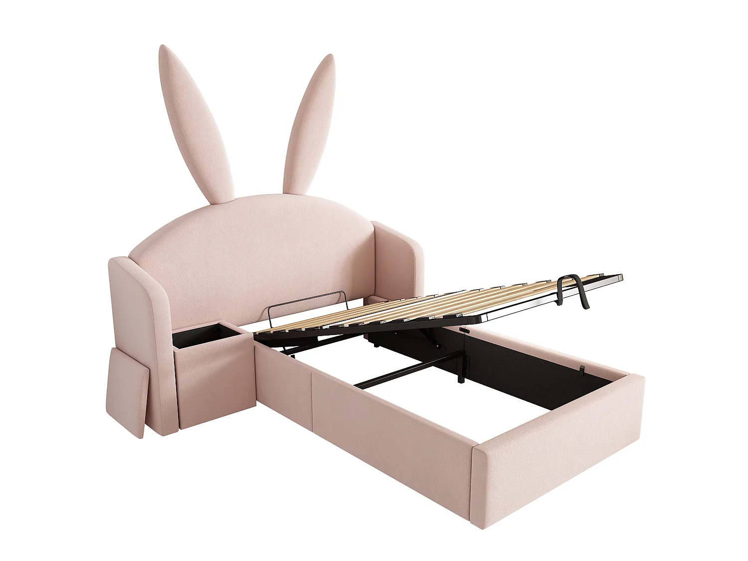 Lit coffre enfant 90x190 cm avec table de chevet - Tête de lit oreilles de lapin - Velours rose