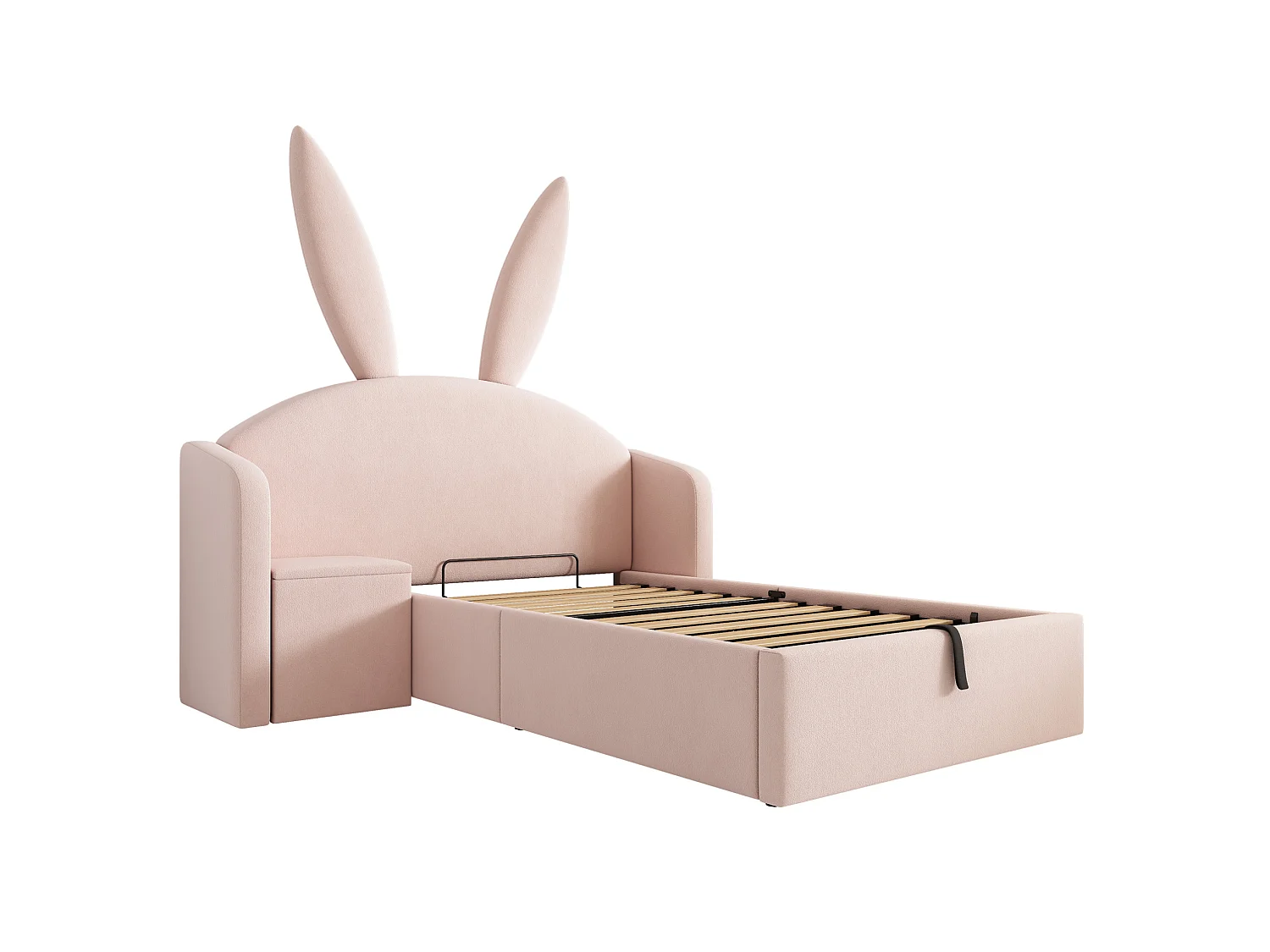 Lit coffre enfant 90x190 cm avec table de chevet - Tête de lit oreilles de lapin - Velours rose