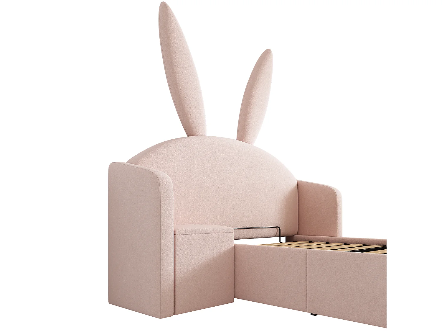 Lit coffre enfant 90x190 cm avec table de chevet - Tête de lit oreilles de lapin - Velours rose