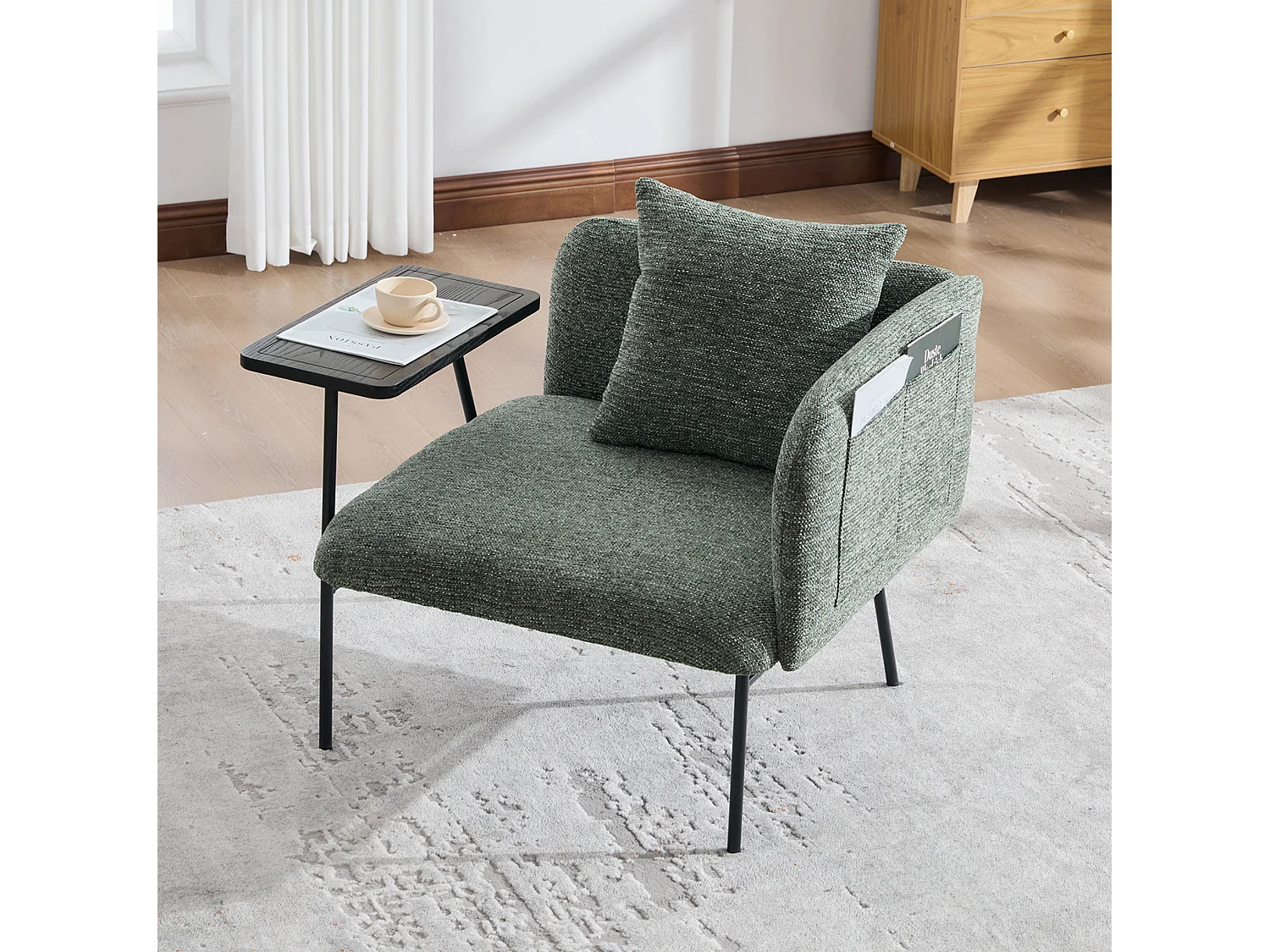 Fauteuil en chenille avec table d'appoint et 2 poches de rangement - Émeraude