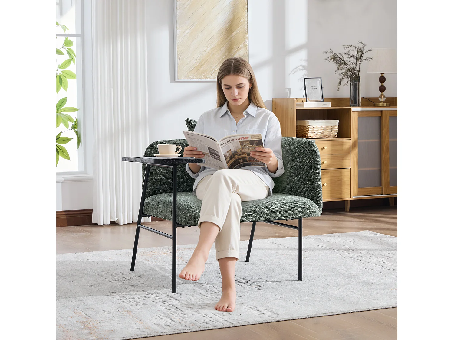 Fauteuil en chenille avec table d'appoint et 2 poches de rangement - Émeraude