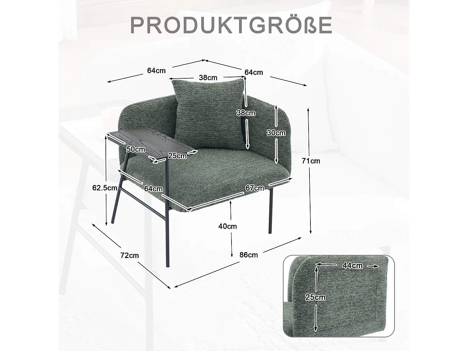 Fauteuil en chenille avec table d'appoint et 2 poches de rangement - Émeraude