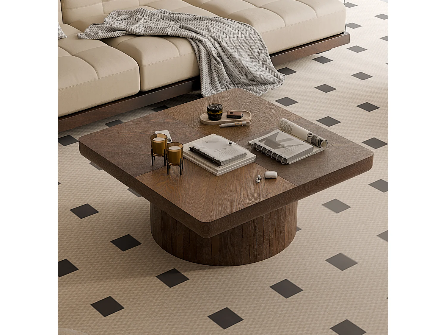 Table basse carrée 78x78x38 cm marron - Placage woodgrain