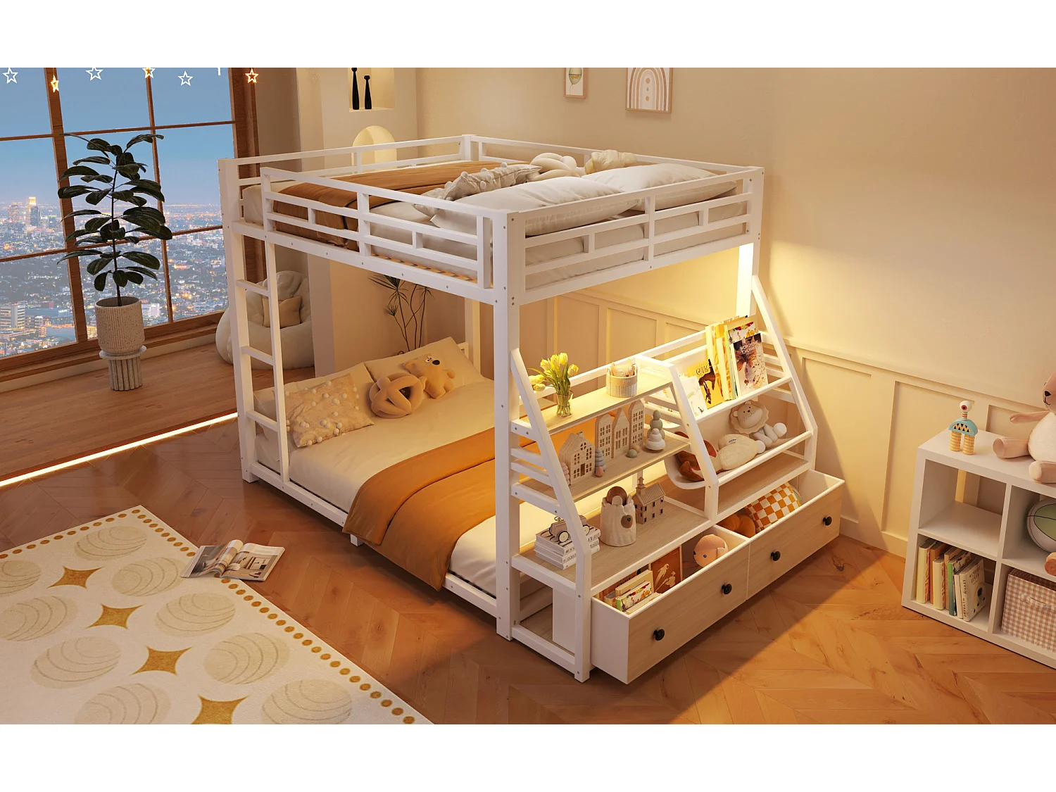 Lit superposé 140 x 200 cm avec éclairage LED et 2 tiroirs en tissu - Métal et bois - Blanc