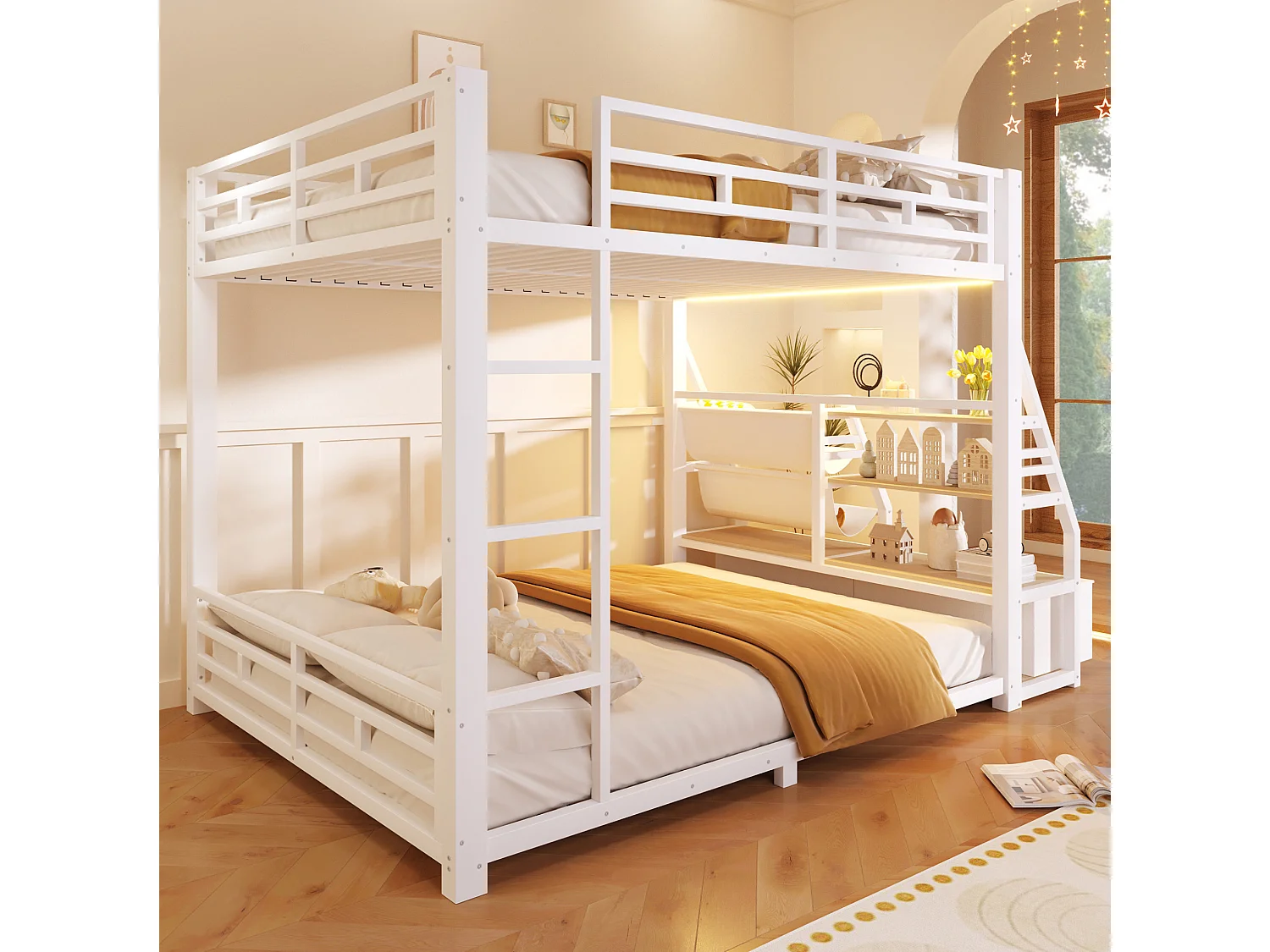 Lit superposé 140 x 200 cm avec éclairage LED et 2 tiroirs en tissu - Métal et bois - Blanc