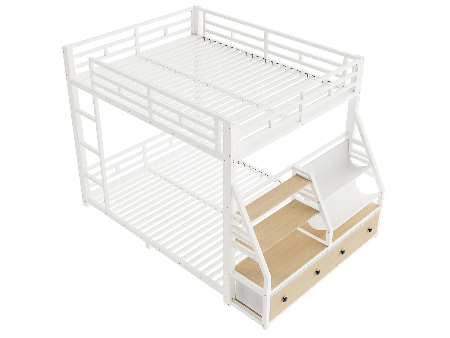 Lit superposé 140 x 200 cm avec éclairage LED et 2 tiroirs en tissu - Métal et bois - Blanc
